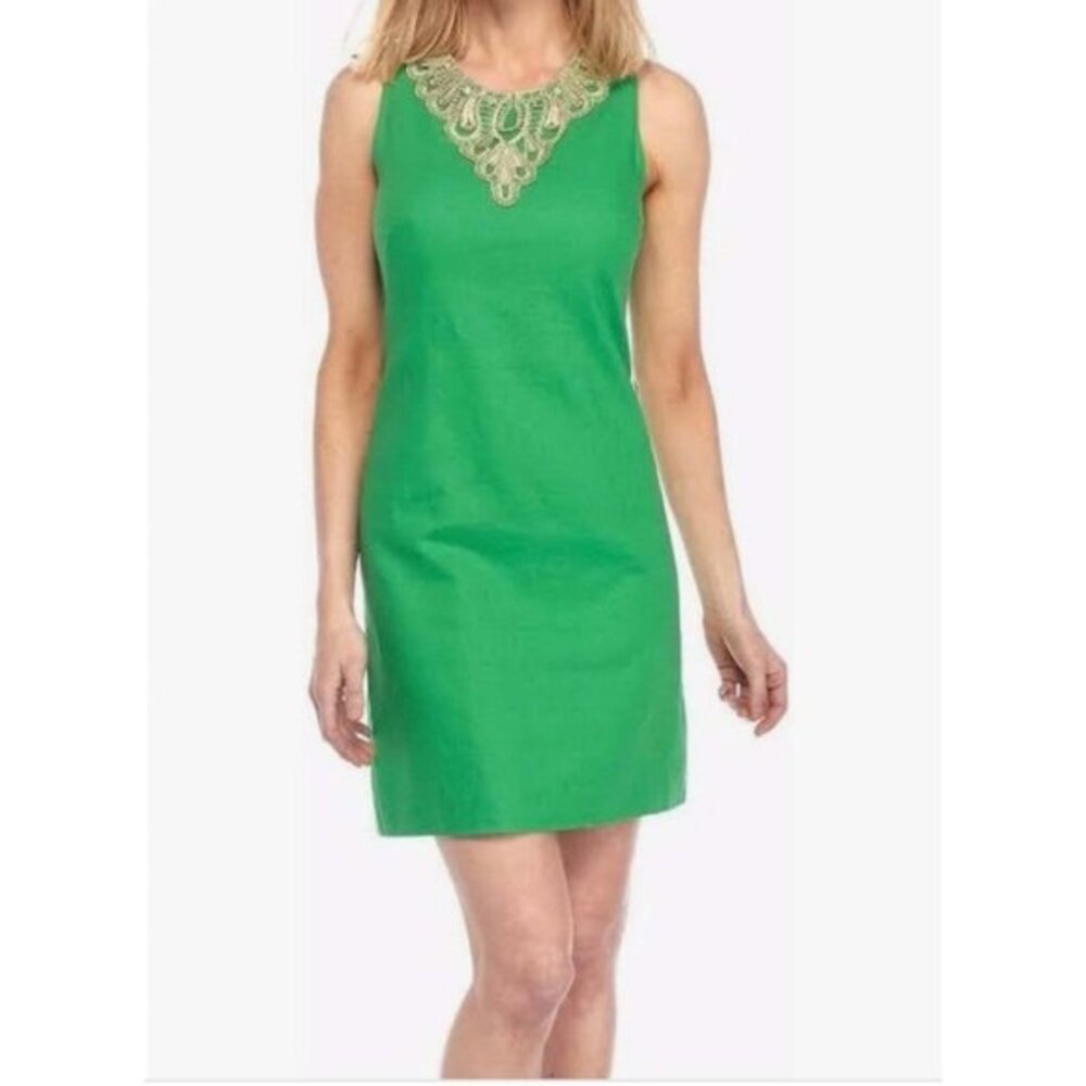 J Howard Green Sleeveless Shift Dress Gold Crochet Neckline Plus Size 18